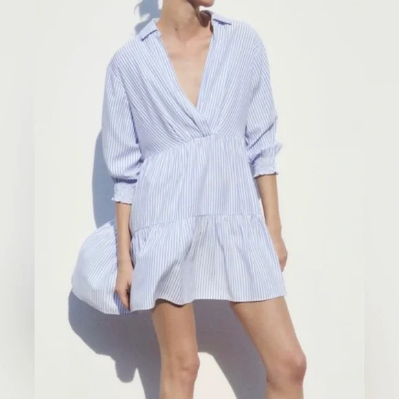 Zara NWOT Women’s Blue & White Vertical Striped Tiered Mini Dress, Size Large. - Picture 10 of 11